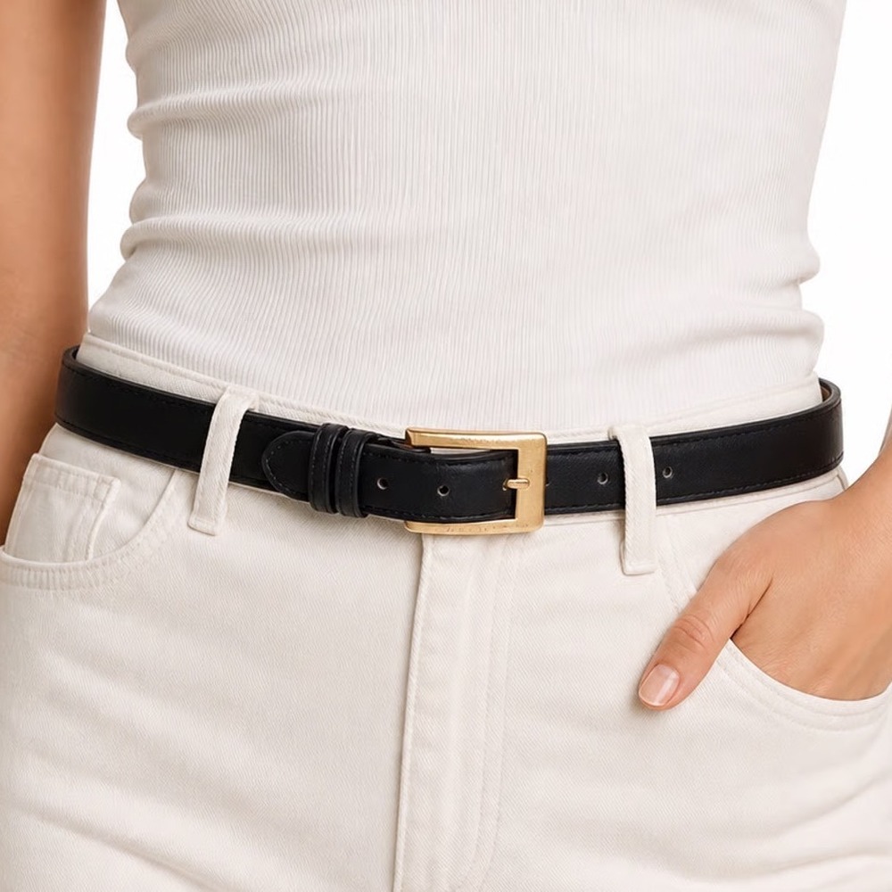 Perry Ellis Black Leather Belt Gold Buckle Size ML